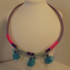 Bohemian Hand Made Thread Wrapped Choker Necklace Pink Purple with Blue Tassel